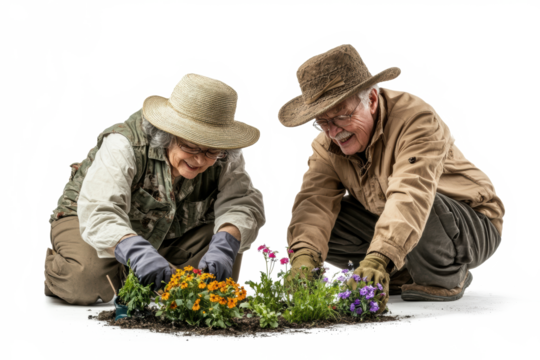 Senior couple working in garden together