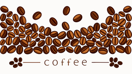 Obraz premium Falling coffee beans with word coffee and bean accents