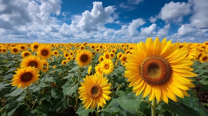 **A Bright Wallpaper Showing Endless Sunflowers Facing The Sun Under A Vibrant Blue Sky With Scattered Clouds. Yellow Petals Shine With Radiant Energy, Creating A Cheerful, Happy Mood. No Houses, No P