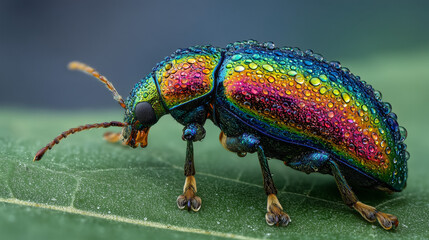 Fototapeta premium A close-up macro shot of a rainbow-colored beetle on a green leaf.