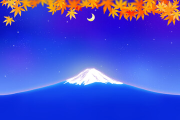 富士山と紅葉の葉と三日月、秋のイメージの背景イラスト