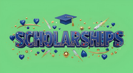 3D "Scholarships" Text with Graduation Cap and Festive Accents