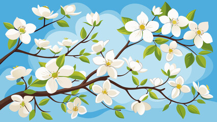 Spring blossom branches against a blue sky