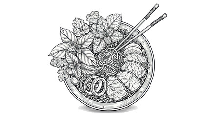 Exquisite ink illustration of asian noodle soup with herbs and slices of meat creating a delicious