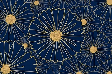 A luxurious and elegant seamless floral pattern featuring intricate golden line art flowers on a deep navy blue background. This sophisticated design is perfect for textile, wallpaper, packaging, and 