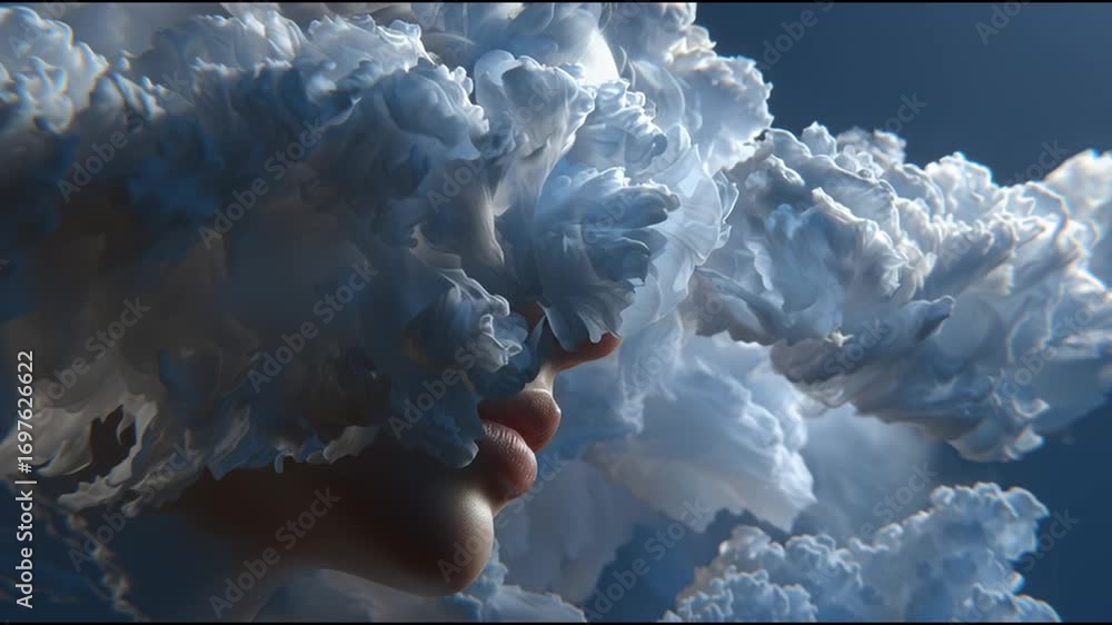 Poster captivating art display featuring a woman's face partially obscured by ethereal clouds in a serene a