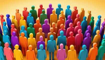 Fototapeta premium Diverse crowd of colorful cartoon-style human figures standing close together on a warm gradient background representing unity and diversity in society