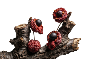 Ultra close-up of shriveled, dark red-brown cherry plum remnants, wrinkled and fading, on gnarled branches against a transparent background, concept of natural decay and impermanence