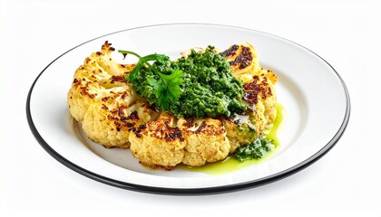 Golden roasted cauliflower florets topped with vibrant green pesto sauce on a white plate