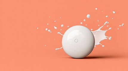 A white orb rests on a coral-colored surface, surrounded by milk splashes