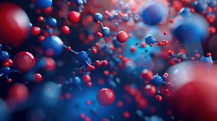 World Thrombosis Day, 3D scientific rendering of molecular structures, red and blue spherical particles, dark scientific background, molecular biology visualization, research laboratory aesthetic