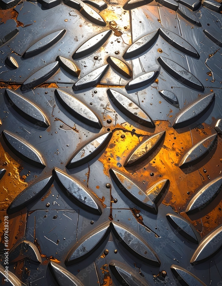 Poster close-up view of metallic textured surface with rust and reflection