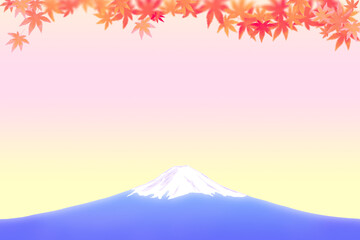 富士山と紅葉の葉、夕日又は朝日の背景イラスト