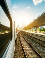 Fototapeta premium View of city skyline through a window of a train, travel concept