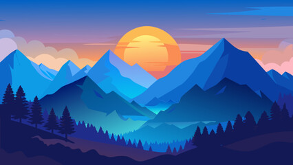 Vibrant sunset over blue mountain range with pine trees