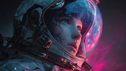 Female astronaut gazing into the cosmos, surrounded by vibrant cosmic colors.