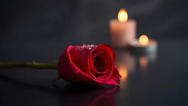 Single red rose with dewdrops on a sleek black surface, symbolizing minimalist romance.