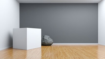 Empty gallery space, white cube, gray wall, rock