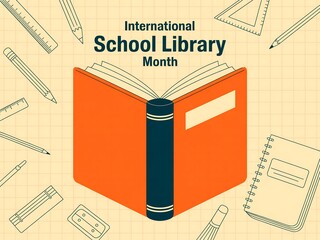 International school library month celebration with open book and stationery