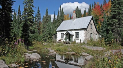 Rustic stone house by a tranquil pond in autumn forest