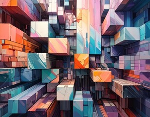 Abstract 3D Colorful Cubes Arrangement with Geometric Patterns
