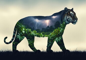 Dramatic double exposure of a tiger silhouette filled with a dark jungle thunderstorm and lightning