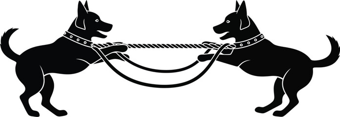 Two dogs are playing tug of war with a rope, dogs are black silhouettes