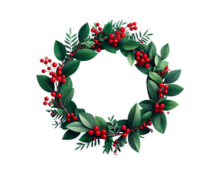 Naklejka premium Minimal Christmas wreath illustration, simple holiday decoration with green leaves and red berries, flat vector design on white background