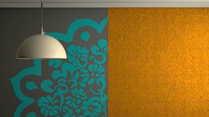 Room interior with teal and orange patterned walls, and a white pendant light
