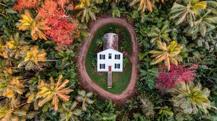 Aerial view of a white house nestled within a circular path, surrounded by vibrant tropical foliage
