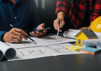 Architects reviewing building plans with house model