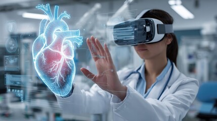 a female doctor in a white coat wearing a vr headset uses a holographic interface to display virtual medical information and a heart-shaped image on a digital screen. 