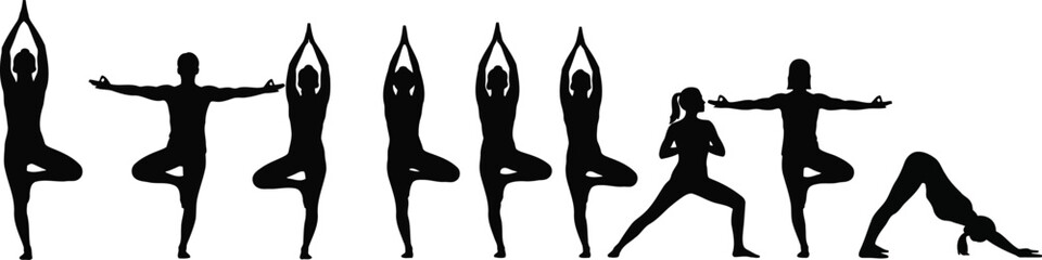 Silhouette of a woman in various yoga poses, demonstrating flexibility and balance
