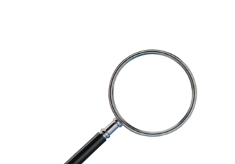 Electric blue, ruby red, neon yellow geometric fragments, circuitry, binary code, metallic. Magnifying glass on red piece, white background, concept of advanced data analysis.