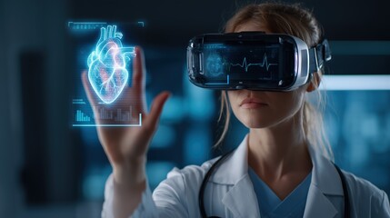 a female doctor in a white coat wearing a vr headset uses a holographic interface to display virtual medical information and a heart-shaped image on a digital screen. 