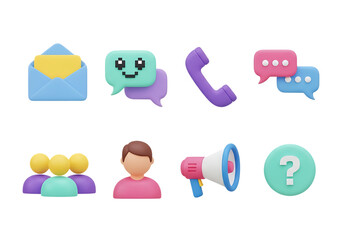 3d icon of collection of communication and contact icons, including an envelope, chat bubbles, phone, people, person, megaphone, and question mark, isolated on transparent background