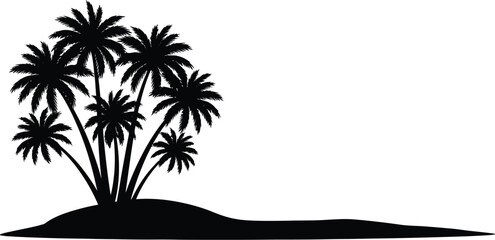 Silhouette of a palm tree island, representing tropical paradise and vacation