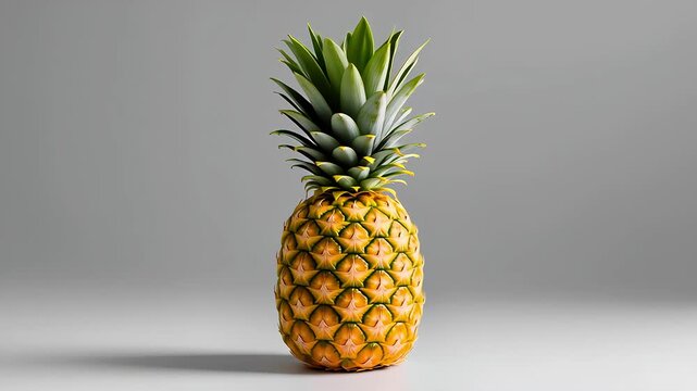 The video shows a whole pineapple with a green top and yellow skin, sitting on a gray surface. The neutral background and simple lighting focus the attention on the fruit itself, highlighting its text