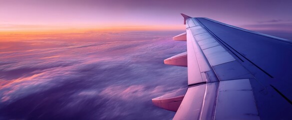 The airplane wing above a pastel sea of clouds at serene sunset light