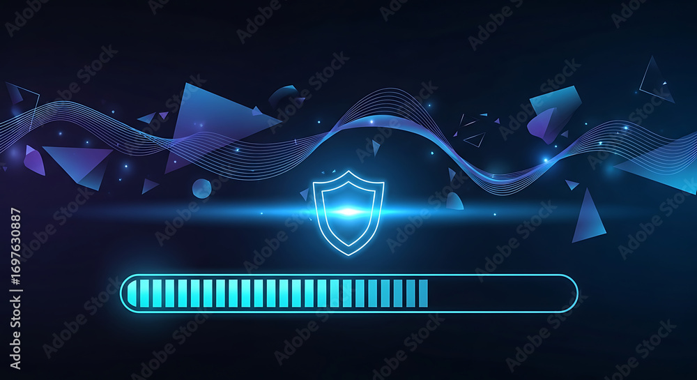Poster loading bar with glowing shield representing progress in cybersecurity protection and digital data s
