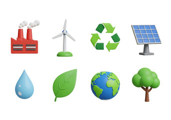 3d icon of set of environmental and ecological icons, including a factory, wind turbine, recycling symbol, solar panel, water drop, leaf, globe, and tree, isolated on transparent background © designworld24x7