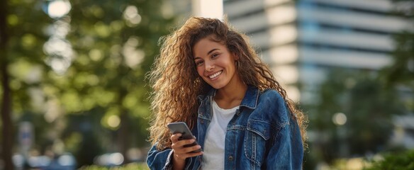 The smiling woman with smartphone in denim jacket enjoying sunny urban park backdrop
