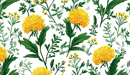 Floral pattern of bright yellow dandelions and greenery on white background