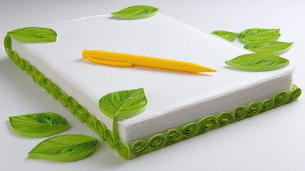 White book with green leaf filigree and yellow pen