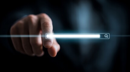 A close-up of a male hand about to interact with a digital search interface.