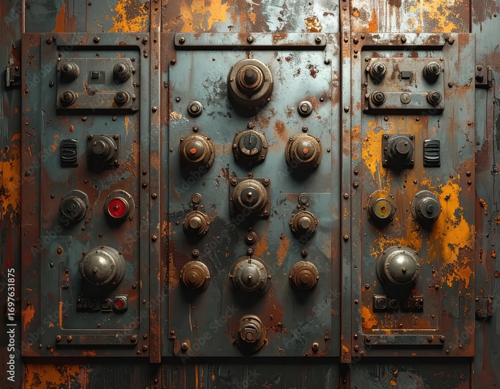 Poster vintage control panel with rusty texture and colorful buttons