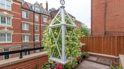 White hanging planter with light green foliage, against backdrop of brick row houses