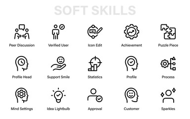 Modern Soft Skills Development Line Icon Set – Professional Vector Design for Growth, Workplace Training, and Personal Career Development