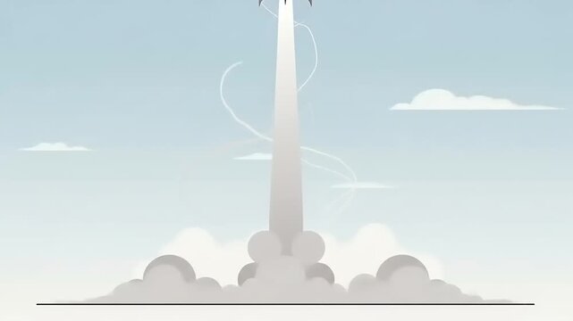 Rocket launching into the sky, leaving a trail of smoke, with a clear blue background and soft clouds