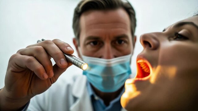 Doctor examining patient's throat with flashlight during medical checkup